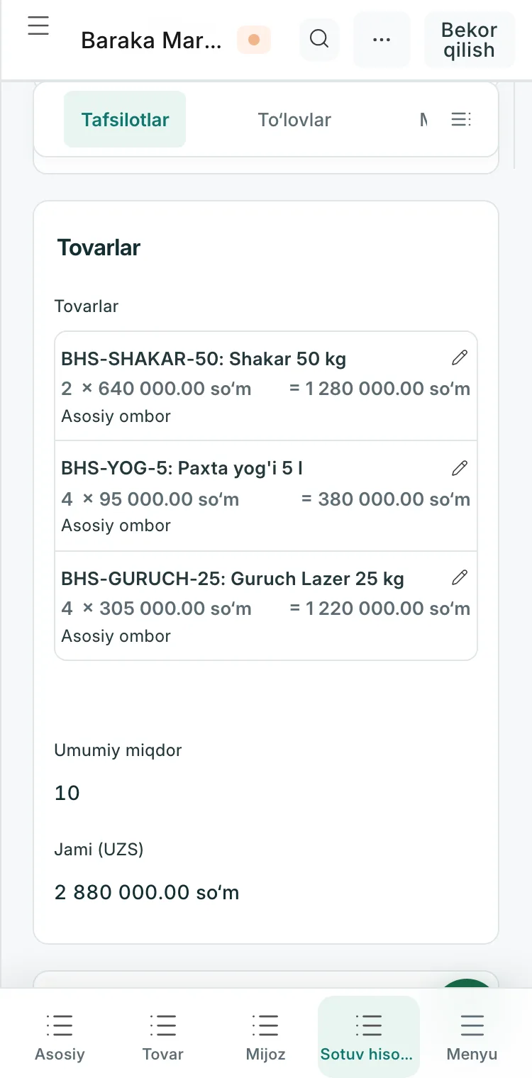 Aywa ERP telefonda: savdo hujjati