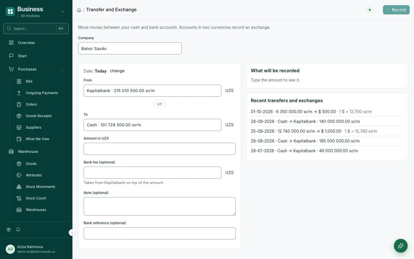 Transfers and currency exchange