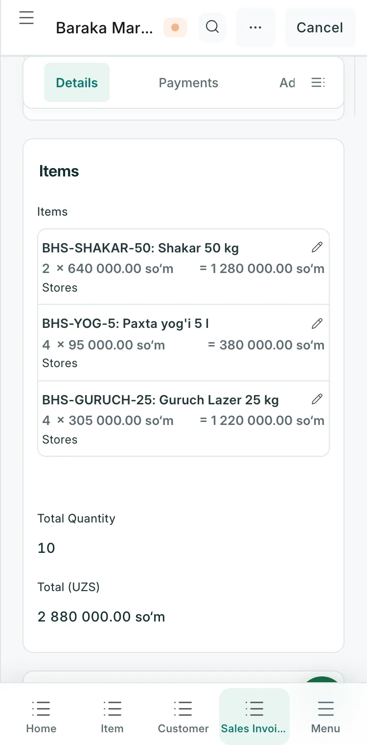 Aywa ERP on a phone: a sales document